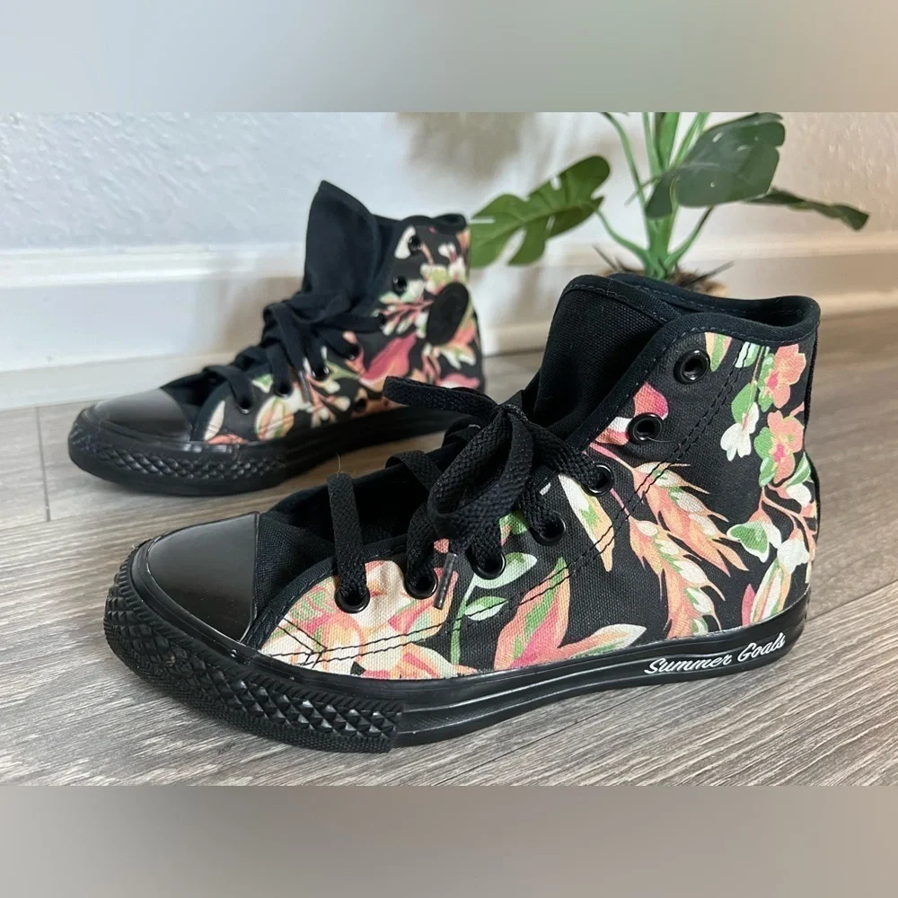 Converse custom all star tropical print “summer goals” high top chucks. Size 2